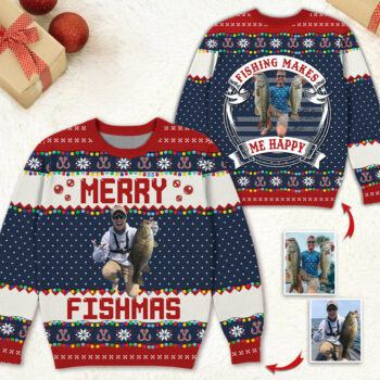 Custom Fishing Photo Ugly Christmas Sweater - Merry Fishmas Gift for Fishermen