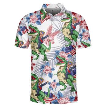 Funny Dinosaur American Flag Polo Shirt - Independence Day Voting Felon Joke Shirt