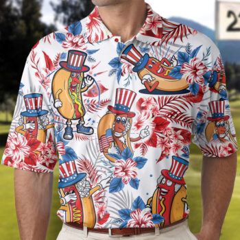 Hotdog Tropical 3D Polo Shirt - Funny Independence Day 4th of July Apparel