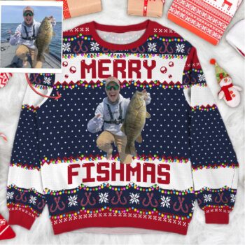 Personalized Photo Ugly Sweater - Merry Fishmas Gift for Fishing Lovers