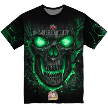 back to school 3d tshirt fiery skull green black best selling.webp