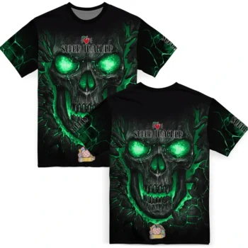 back to school 3d tshirt fiery skull green black fashion forward.webp