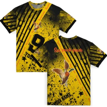 duck mallard bird flight 3d tshirt custom splatter art motif yellow black fashion forward.webp