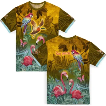 duck mallard bird flight tshirt tropical flamingo yellow green fashion forward.webp