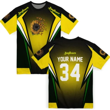 sunflower logo 3d tshirt personalized bold symmetry motif yellow black fashion forward.webp
