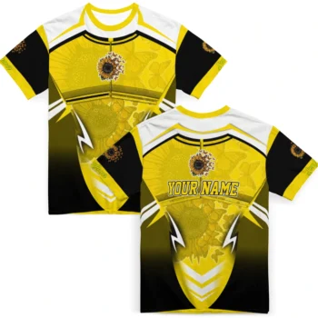 sunflower logo 3d tshirt personalized futuristic armor yellow black white fashion forward.webp