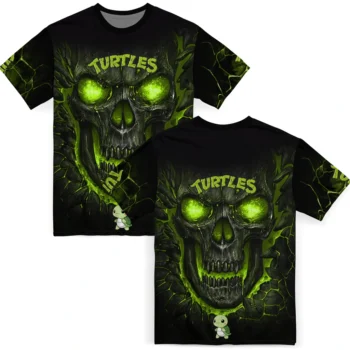 turtle logo 3d tshirt fiery skull green black fashion forward.webp
